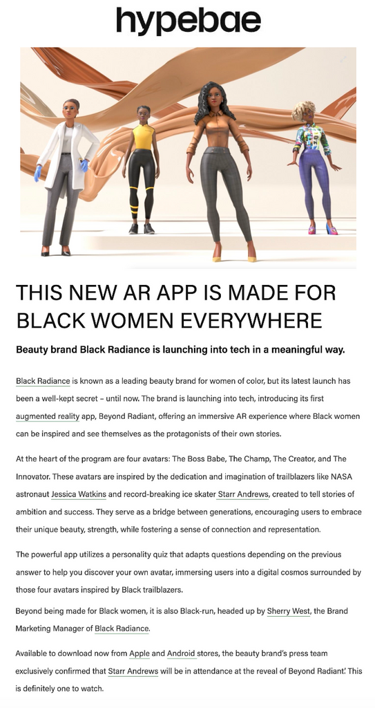 Black Radiance featured on Hypebae in the article titled, "This New AR App Is Made For Black Women Everywhere."