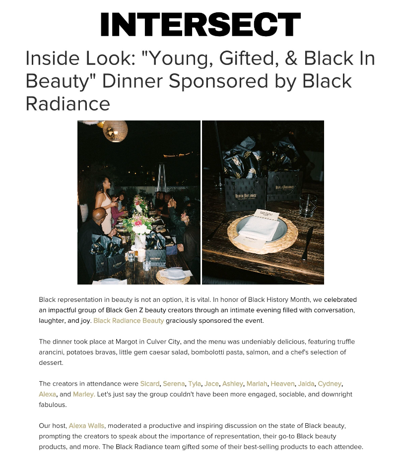 Black Radiance featured on Intersect Magazine in the article titled, "Inside Look: "Young, Gifted, &amp; Black In Beauty" Dinner Sponsored by Black Radiance."