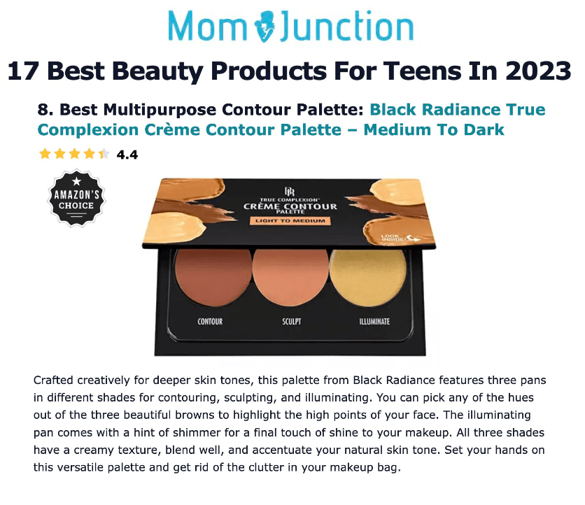 Black Radiance featured on MomJunction in the article titled, "17 Best Beauty Products For Teens In 2023."