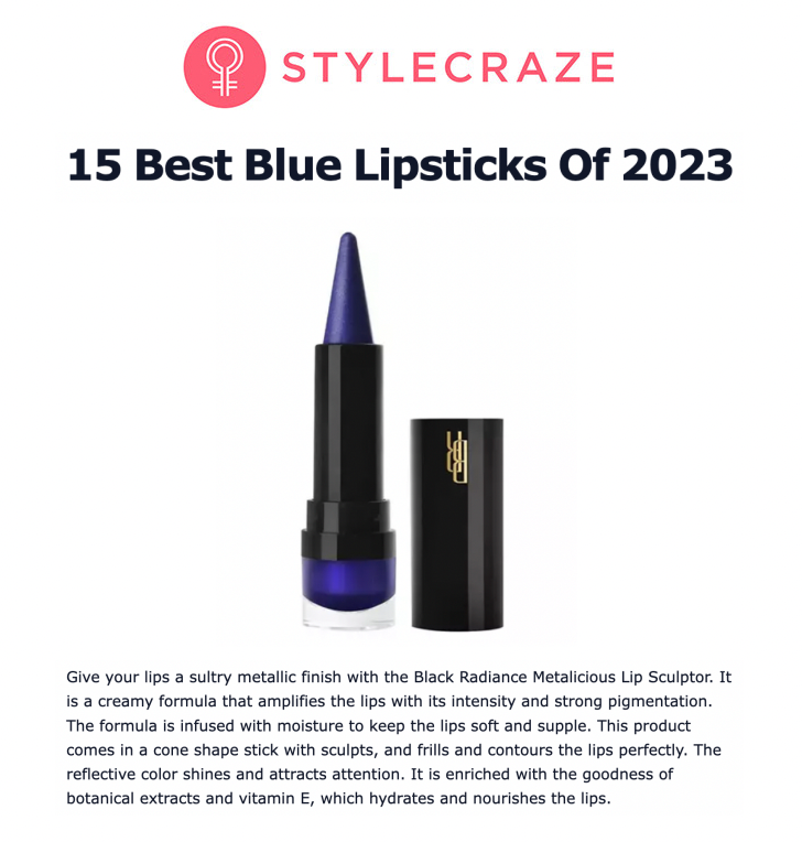 Black Radiance Beauty Featured on StyleCraze  - 15 Best Blue Lipsticks Of 2023