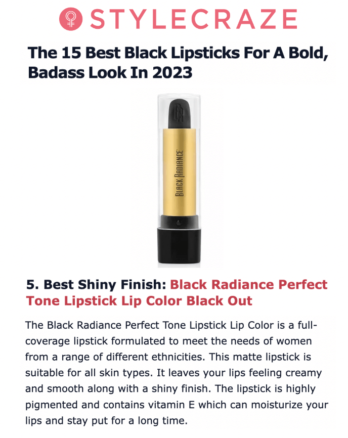 Black Radiance Beauty Featured on StyleCraze - The 15 Best Black Lipsticks For A Bold, Badass Look In 2023