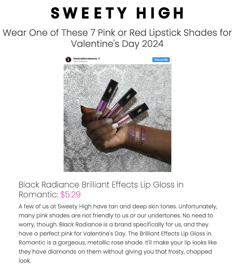 Black Radiance featured on Sweety High in the article titled, "Wear One of These 7 Pink or Red Lipstick Shades for Valentine's Day 2024."