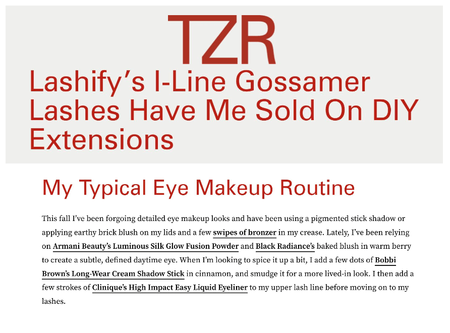 Black Radiance featured on The Zoe Report in the article titled, "Lashify’s I-Line Gossamer Lashes Have Me Sold On DIY Extensions."