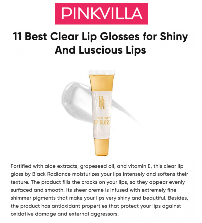 Black Radiance Beauty Featured in PinkVilla - "11 Best Clear Lip Glosses for Shiny And Luscious Lips"