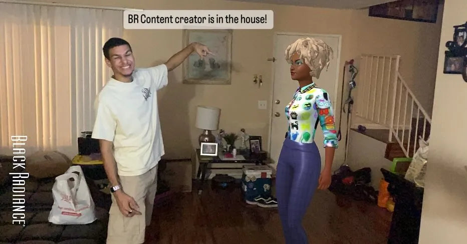 Smiling man pointing at a 3D avatar of a woman with blonde hair in a colorful shirt; text reads “BR Content creator is in the house!”