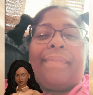Close-up of a smiling woman with glasses and pigtails, with a 3D avatar of a woman in a brown shirt in the corner