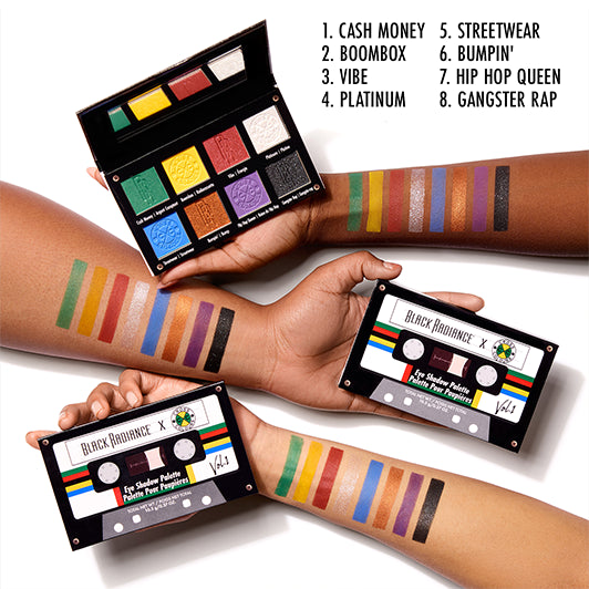 Three arms showing swatches of all 8 shades from the Black Radiance x Cross Colours eyeshadow palette, including names like Cash Money, Boombox, and Hip Hop Queen.