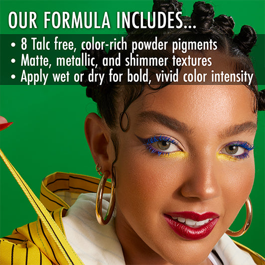 Model wearing colorful eye makeup with product highlights: talc-free, matte/metallic/shimmer finishes, and versatile wet/dry application.