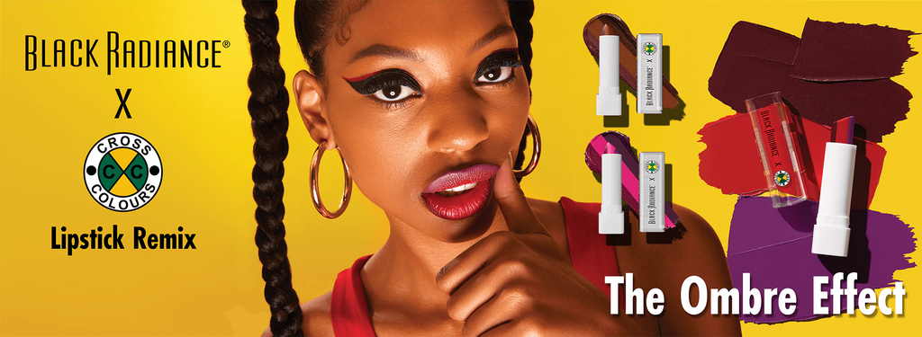 Black Radiance x Cross Colours Lipstick Remix promo featuring a model with bold ombre lips, lipstick swatches in red, purple, and burgundy, and the phrase 'The Ombre Effect'.