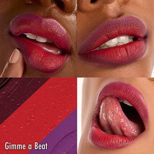 Four bold ombre lip looks in red, plum, and purple tones from the 'Gimme a Beat' lipstick set by Black Radiance x Cross Colours.