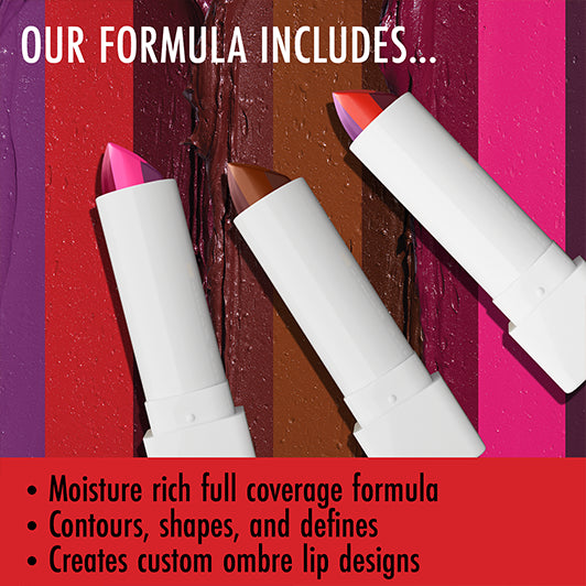 Three Black Radiance x Cross Colours lipsticks with vertical color swatches and text listing benefits: full coverage, contouring, and custom ombre lip designs.