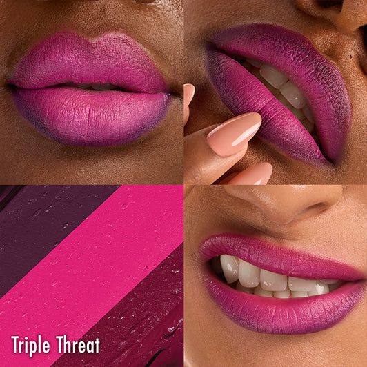 Close-up collage of ombre lip looks in pink and plum shades from the 'Triple Threat' lipstick set by Black Radiance x Cross Colours.