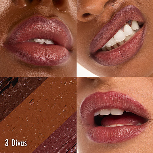 Collage of soft brown and nude ombre lip looks from the '3 Divas' lipstick trio by Black Radiance x Cross Colours.