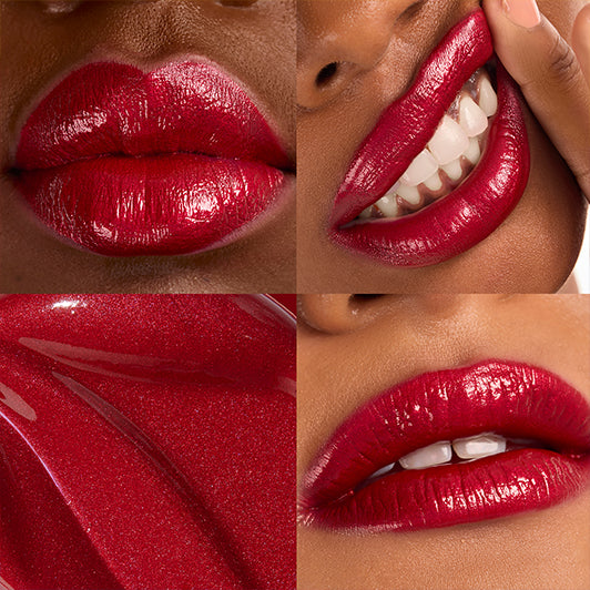 Collage of lips wearing deep red high-shine metallic gloss from the Black Radiance x Cross Colours collection.