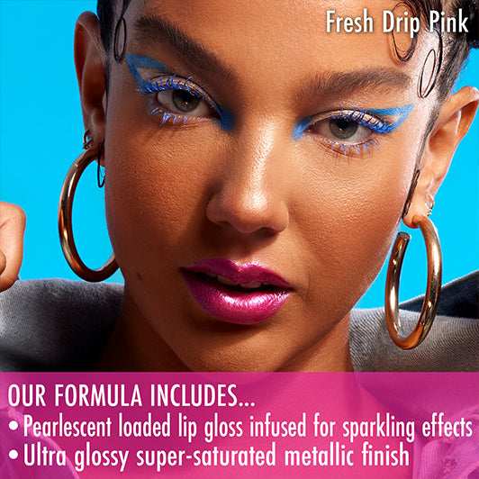 Model wearing Black Radiance x Cross Colours 'Fresh Drip Pink' metallic lip gloss with product claims: pearlized sparkle and ultra-glossy finish.