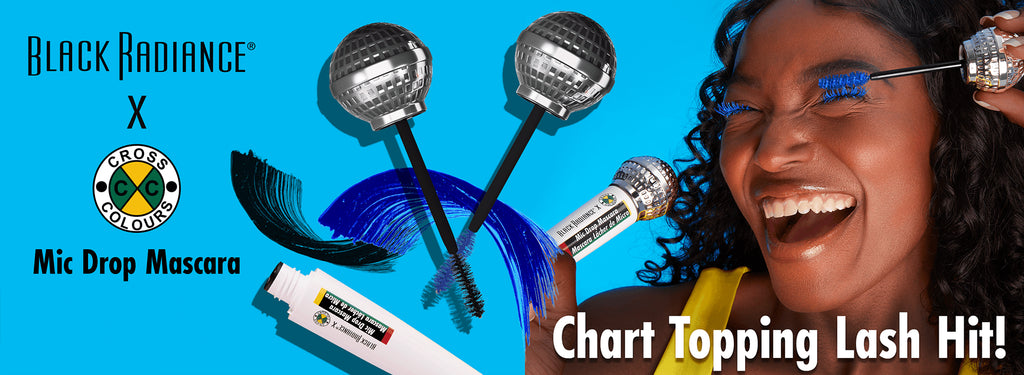 Black Radiance x Cross Colours Mic Drop Mascara promotional banner featuring a smiling woman applying vibrant blue mascara with a microphone-shaped wand and the phrase 'Chart Topping Lash Hit!'