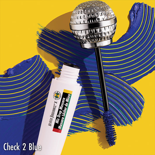 Black Radiance x Cross Colours Mic Drop Mascara in 'Check 2 Blue' featuring vibrant blue pigment swipes and a metallic mic-inspired applicator.