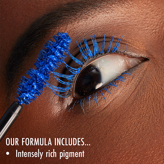 Close-up of lashes coated in intense blue pigment from Black Radiance x Cross Colours mascara, with text noting 'Intensely rich pigment'.