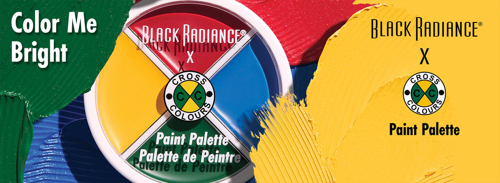 Promotional image for the Black Radiance x Cross Colours Paint Palette, featuring bold smears of red, green, yellow, and blue makeup with the tagline 'Color Me Bright