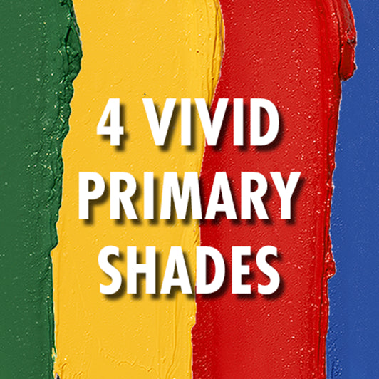 Swatches of green, yellow, red, and blue makeup with the text '4 Vivid Primary Shades'
