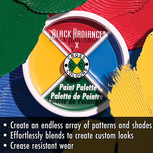 Black Radiance x Cross Colours Paint Palette with colorful smears and product benefits listed: create endless patterns, blends easily, crease resistant.