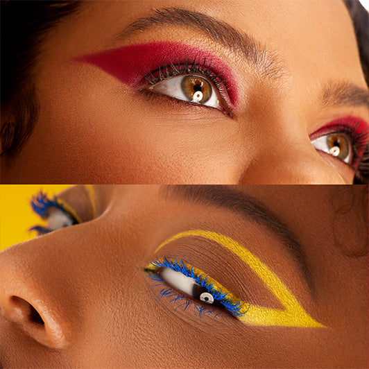 Close-up of bold eye makeup looks created with red, yellow, and blue shades from the Black Radiance x Cross Colours collection.