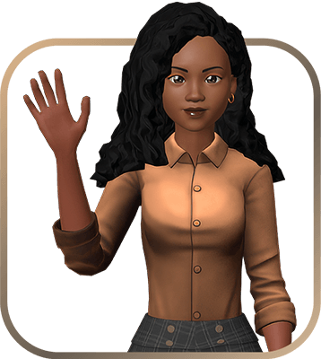 3D avatar of a woman with long curly black hair, wearing a brown shirt and waving.