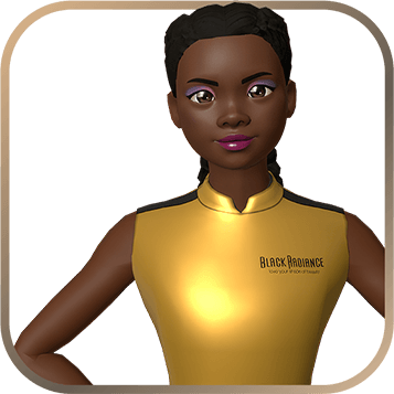 3D avatar of a woman with braided hair wearing a gold Black Radiance top, looking confident.