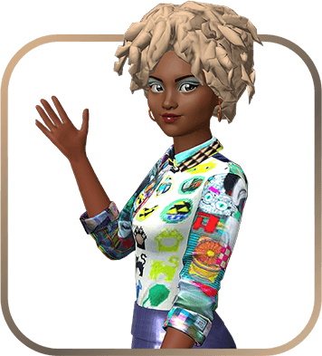 3D avatar of a woman with light blonde textured hair, wearing a colorful patterned shirt and waving.