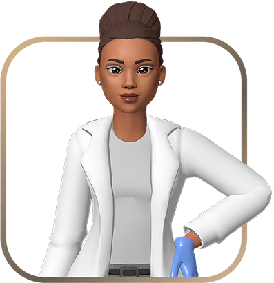 3D avatar of a woman in a white lab coat and gloves, standing confidently with her hand on her hip.