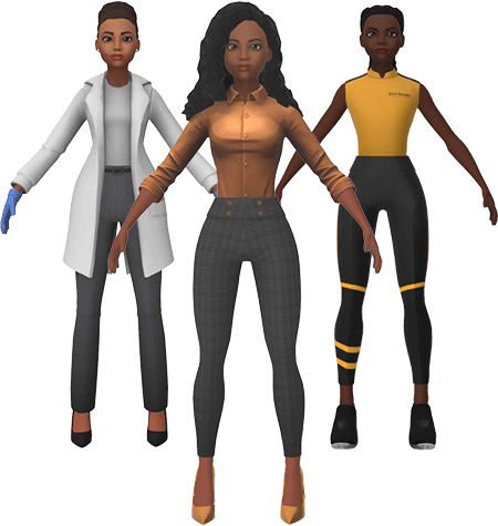  Three diverse 3D female avatars standing confidently: one in a lab coat, one in a brown blouse and plaid pants, and one in a sporty yellow and black outfit.
