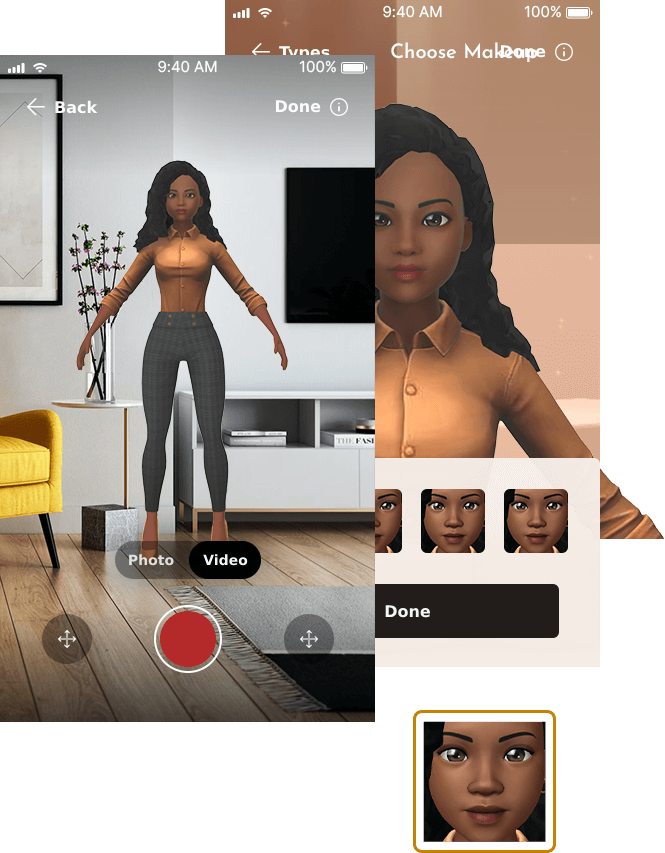  Avatar customization screen showing a 3D woman in a brown blouse, with options for taking photo/video and selecting facial features.
