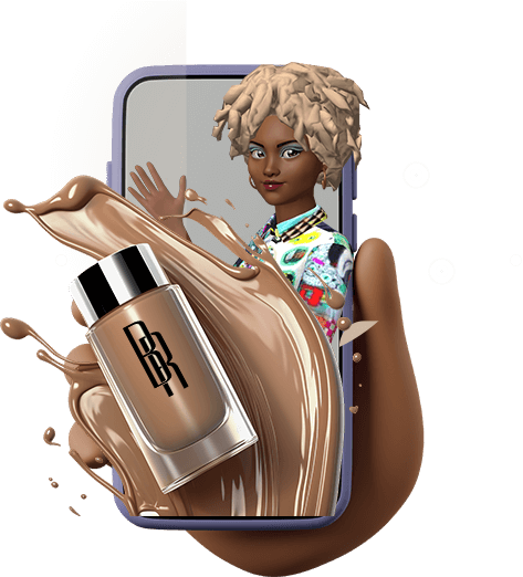 3D avatar of a woman with blonde textured hair emerging from a smartphone screen, with a splash of foundation and a BR-branded bottle in front.