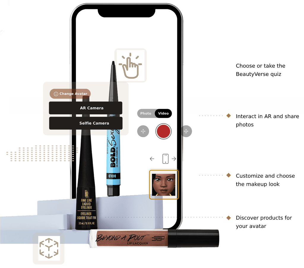 Mobile phone screen displaying virtual makeup try-on with eyeliner and lip lacquer products, AR and selfie camera options, and a cartoon avatar for BeautyVerse quiz experience