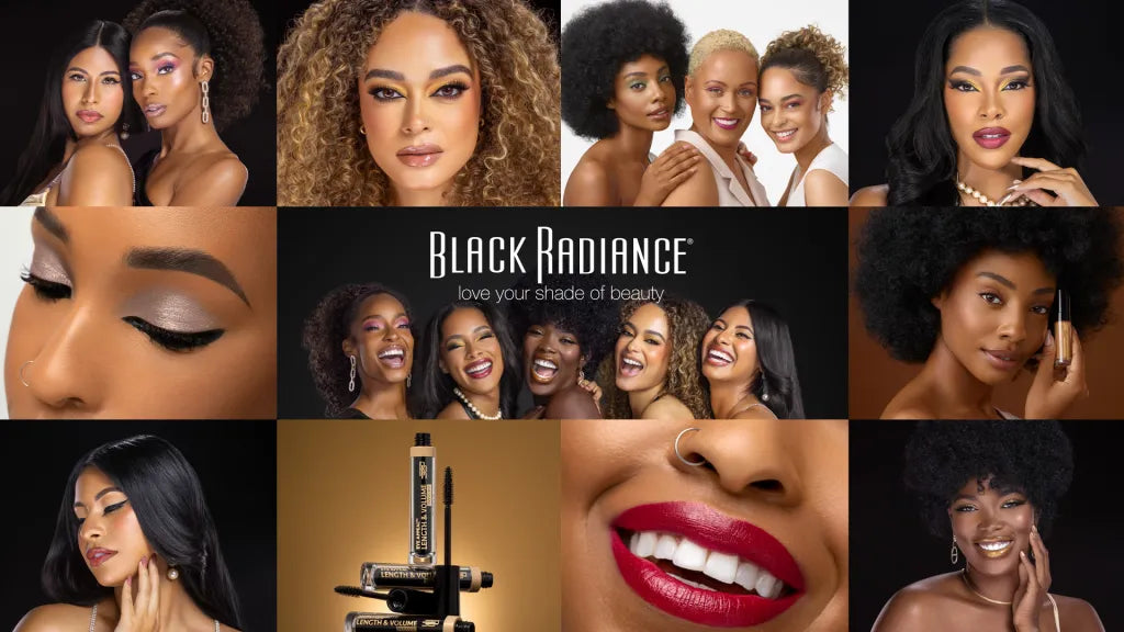 Collage of diverse models showcasing makeup looks, close-ups of eyes and lips, and Black Radiance beauty products with the tagline “Love your shade of beauty” in the center