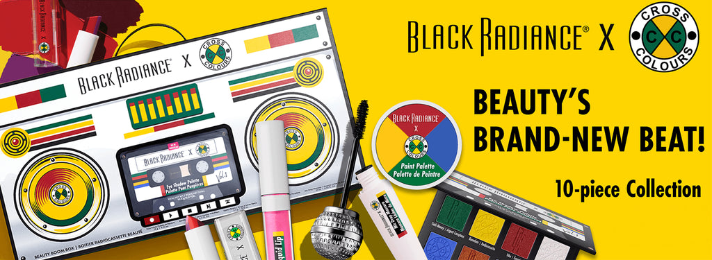 Black Radiance x Cross Colours limited edition 10-piece collection promo featuring a boombox-themed beauty box with eyeshadow palette, paint palette, mascara, lipstick, and metallic lip gloss, labeled 'Beauty's Brand-New Beat!'