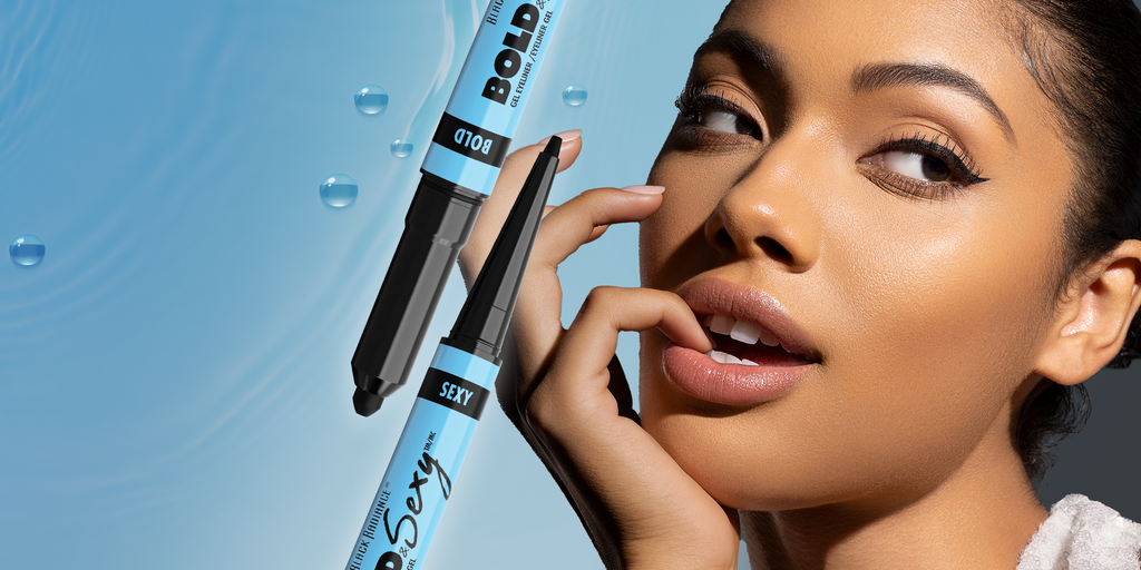 Close up of woman's face with bold eyeliner