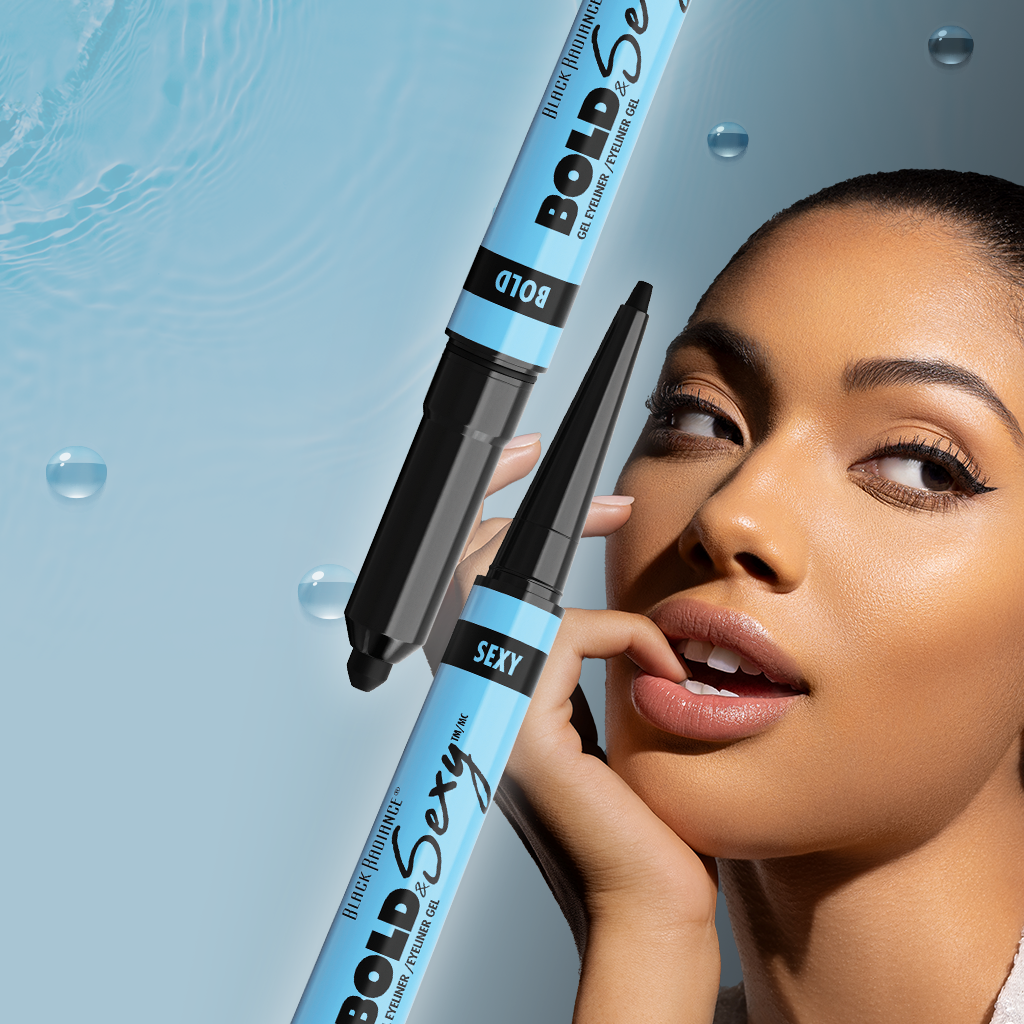 Woman holding a brow pencil with 'BOLD Sexy' branding against a blue water droplet background