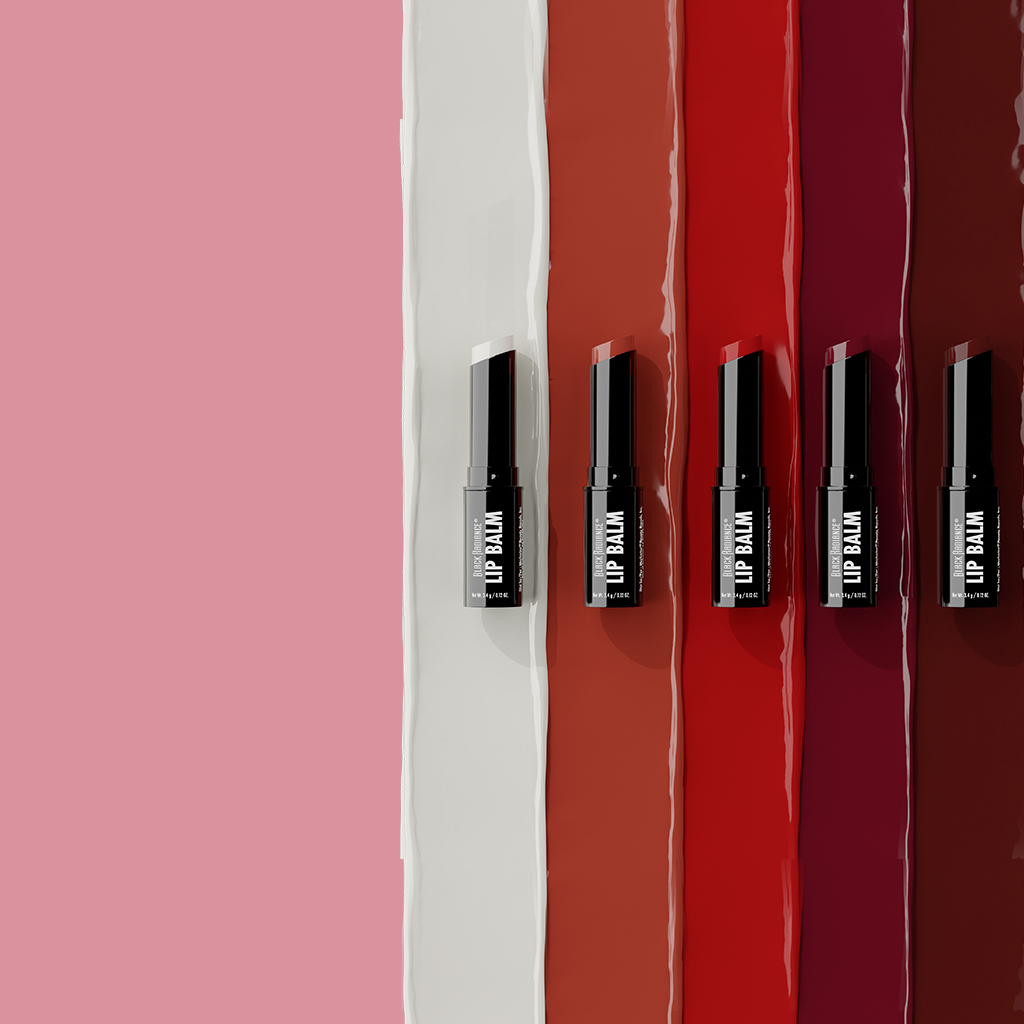 Five lip balms on a gradient background transitioning from pink to red.