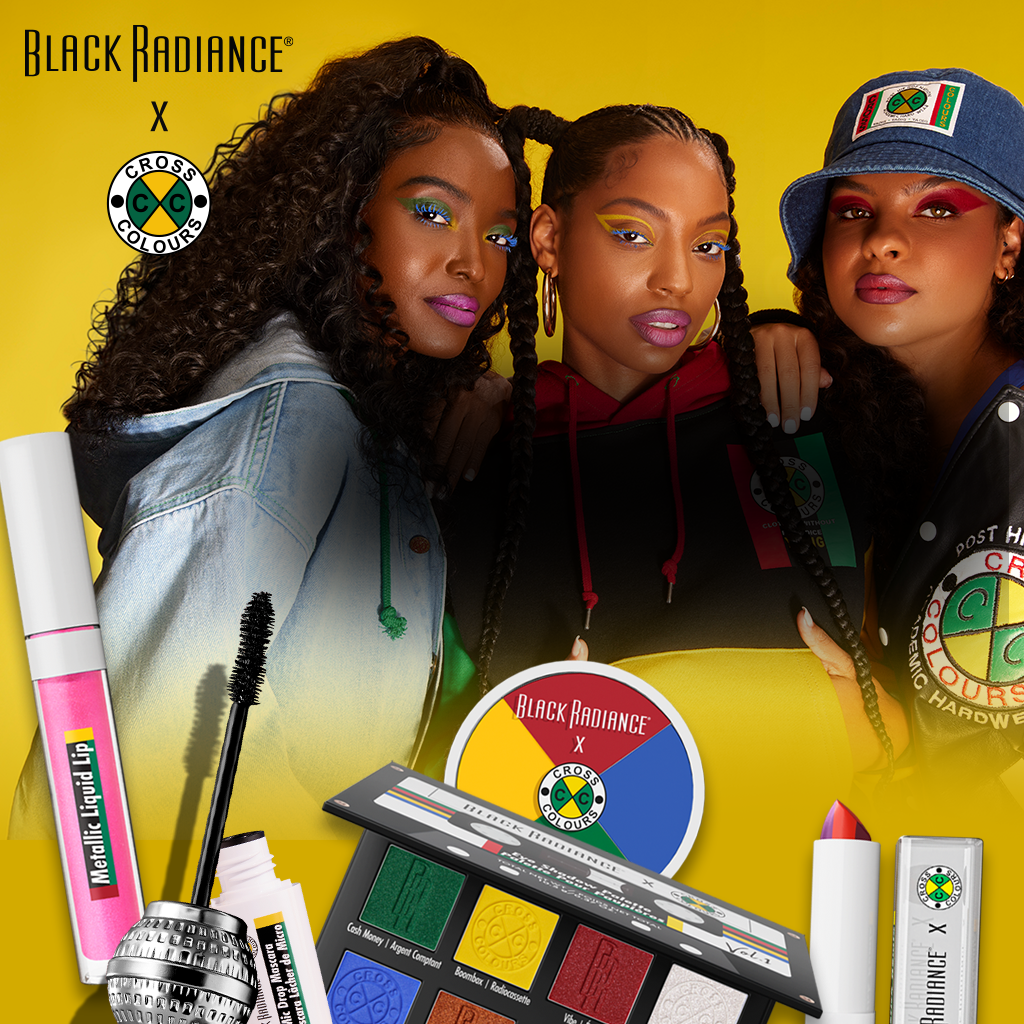 Three women with colorful makeup and hairstyles, surrounded by Black Radiance and Cross Colours products on a yellow background.