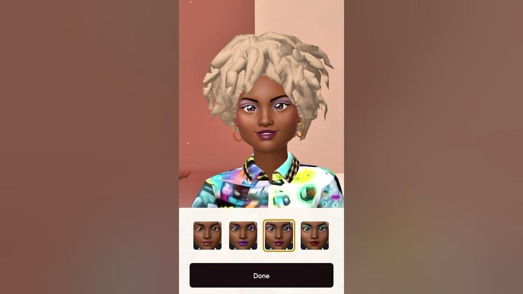 3D avatar of a woman with light blonde textured hair and colorful shirt, shown in a customization screen with multiple face options and a "Done" button below.